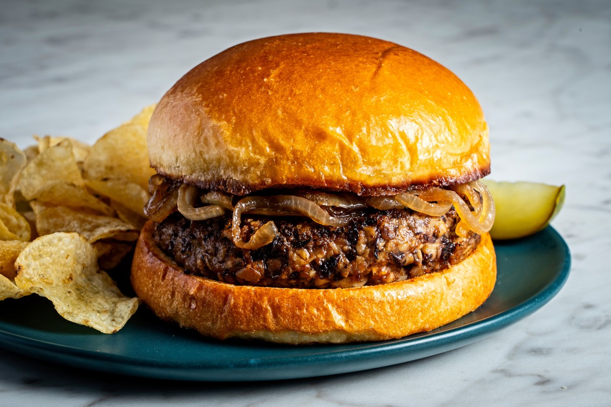 Mushroom and Black Bean Burgers With Balsamic-Glazed Onions. Photo by Scott Suchman for The Washington Post.
