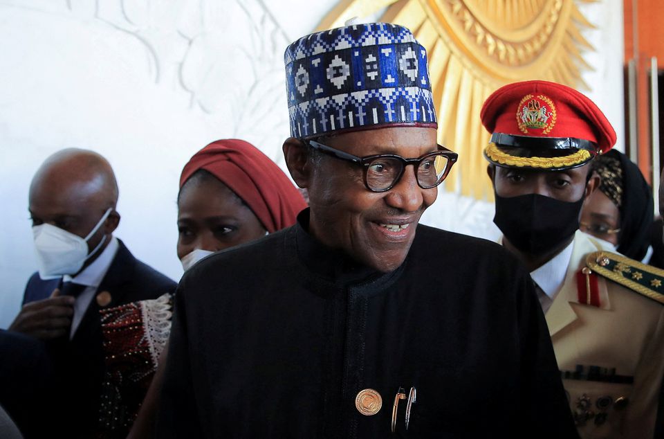 
Nigeria's President Muhammadu Buhari gives a statement on the coronavirus disease (COVID-19) vaccination, during a European Union - African Union summit, in Brussels, Belgium, on February 18, 2022.  File Photo / Reuters
