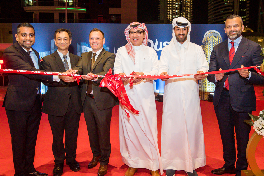 The hotel inaugurated with a ribbon-cutting ceremony. Left to right: Mr. Prateek Kumar, Senior Vice President – Operations, Dusit International; H.E. Mr. Nathapol Khantahiran, Ambassador of Thailand to the State of Qatar; Mr. Gilles Cretallaz, Chief Operating Officer, Dusit International; Mr. Ahmed Mahdi Al Majed, Chairman, Al Majed Group Holding; Mr. Nasser Al Majed, CEO, Al Majed Jewellery; Mr. Raghu Menon, Cluster General Manager, Dusit Hotel & Suites - Doha
