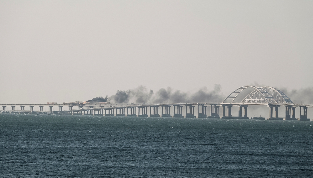 File photo of explosion that damaged the Crimea Bridge