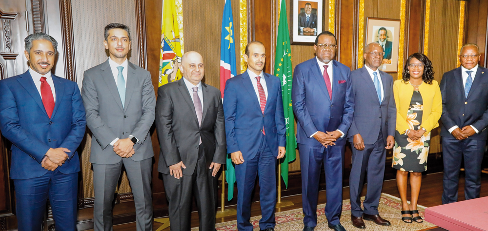 President of Namibia H E Dr. Hage Gottfried Geingob (fourth right); Minister of State for Energy Affairs H E Saad Sherida Al Kaabi (fourth left); and other officials during a meeting in Windhoek yesterday. 