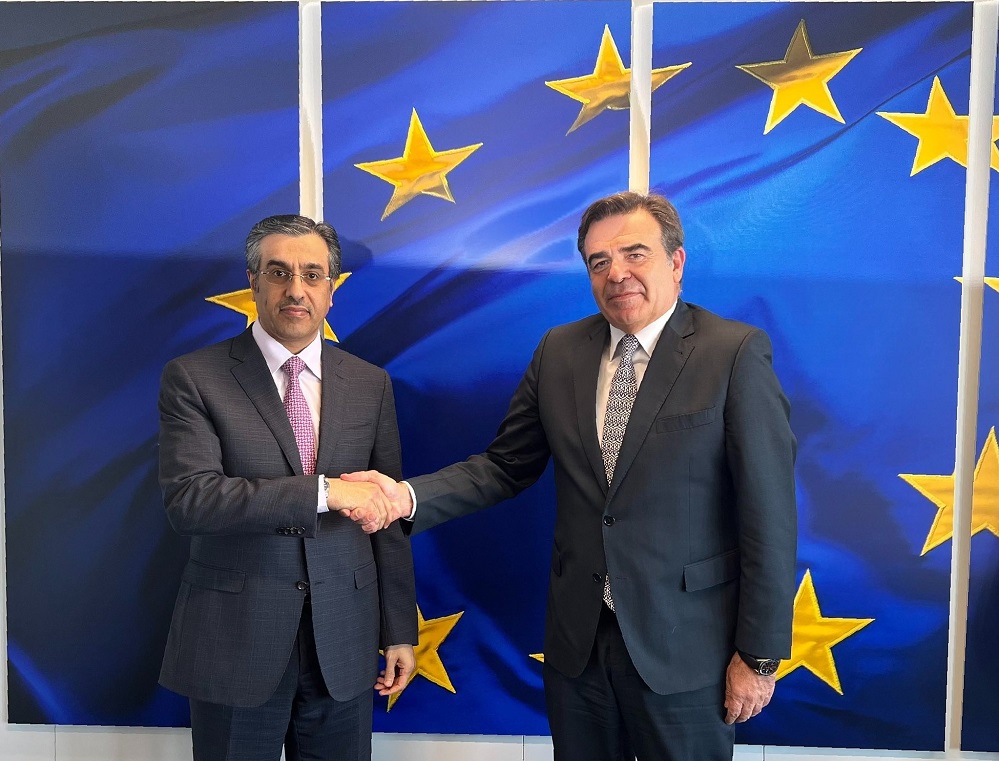 Minister of Labour H E Dr. Ali bin Smaikh Al Marri with Vice-President of the European Commission for Promoting our European Way of Life H E Margaritis Schinas in Brussels yesterday.
