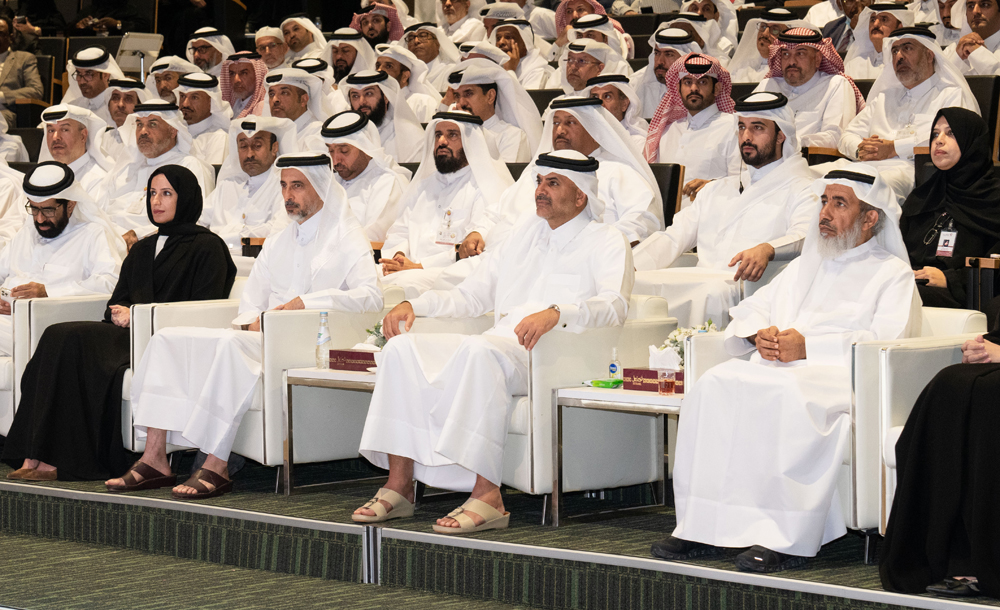 Prime Minister and Minister of Interior H E Sheikh Khalid bin Khalifa bin Abdulaziz Al Thani attending a session at the forum yesterday. Minister of Awqaf and Islamic Affairs H E Ghanem bin Shaheen bin Ghanem Al Ghanem (front row first right); Minister of Sports and Youth H E Salah bin Ghanem Al Ali (third right); Minister of Education and Higher Education H E Buthaina bint Ali Al Jabr Al Nuaimi (fourth right); and other officials are also present.  