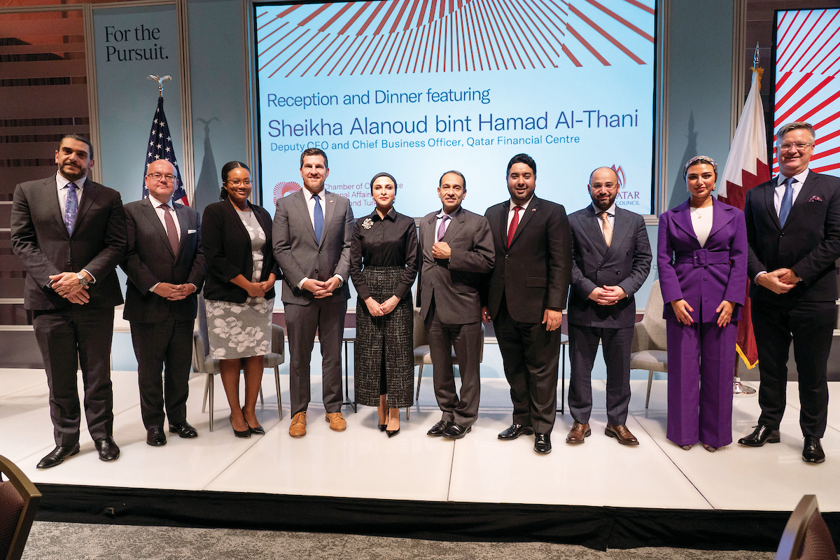 Sheikha Alanoud bint Hamad Al Thani (fifth left), Deputy CEO and Chief Business Officer at QFC, Fahad Mohammed Al Dosari, Commercial Attaché at the Qatari Embassy in the US; Scott Taylor, President of USQBC; Khush Choksy, Senior Vice-President for Middle East Affairs at the US Chamber of Commerce, and Mohammed Barakat, Managing Director and Treasurer of the Board of Directors of USQBC, with other officials, during the event, in Washington DC, US, recently. 