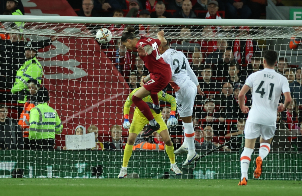 Liverpool's Darwin Nunez scores the only goal of the match against West Ham United at Anfield, Liverpool, Britain, on October 19, 2022.   REUTERS/Phil Noble
