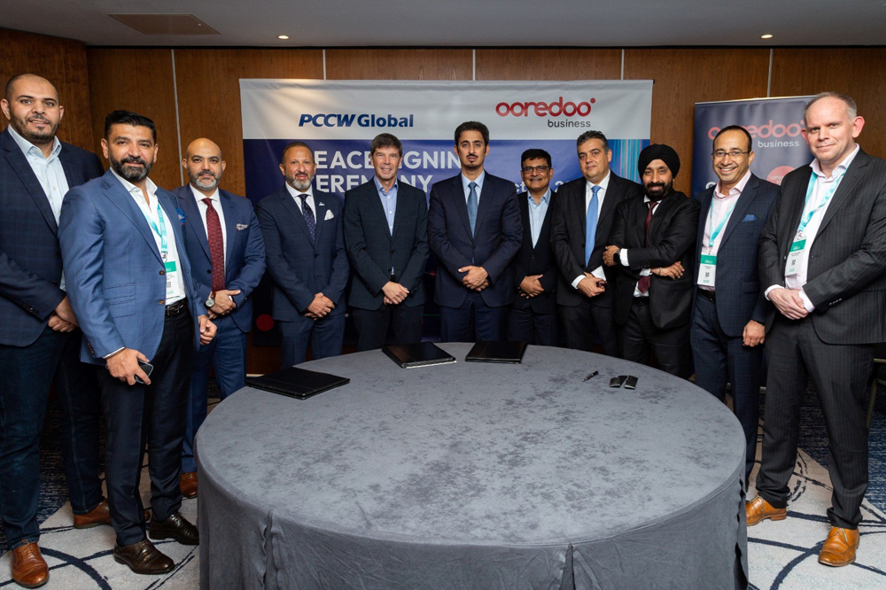 Mansoor Rashid Al Khater, Chief Executive Officer, Ooredoo Tunisia and Marc Halbfinger, Chief Executive Officer PCCW Global and Najib Khan, Group Chief Business Services Officer, Ooredoo Group during the agreement signing.