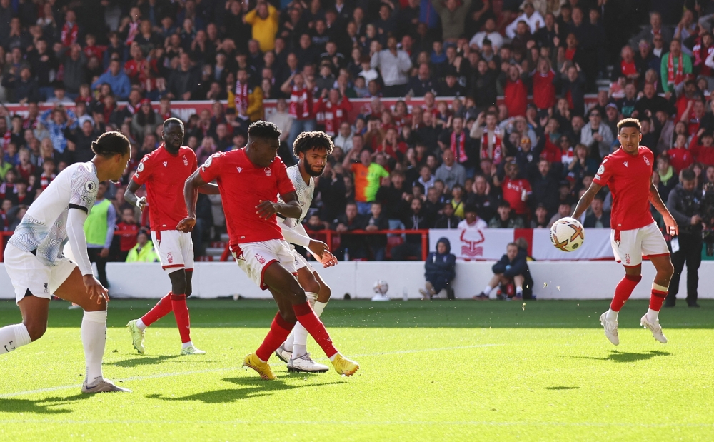 Nottingham Forest's Taiwo Awoniyi scores the only goal of the match during their EPL clash against Liverpool at The City Ground, Nottingham, Britain, on October 22, 2022.   REUTERS/David Klein
