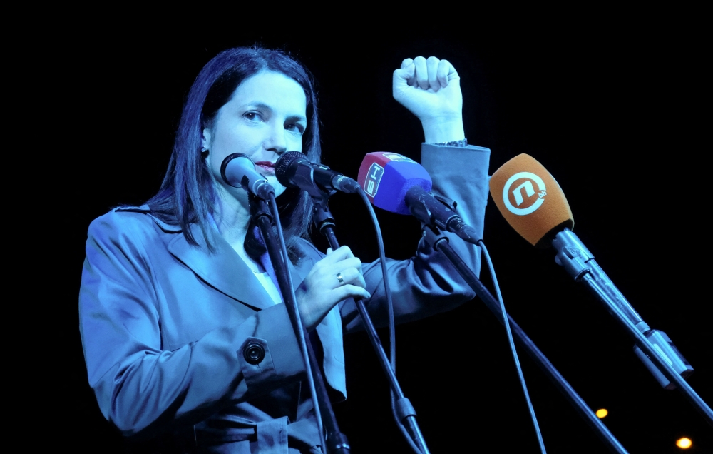 Jelena Trivic of the Party of Democratic Progress (PDP) attends Bosnian Serb opposition parties protest over election results in Banja Luka, Bosnia and Herzegovina, November 2, 2022. (REUTERS/Fedja Grulovic)