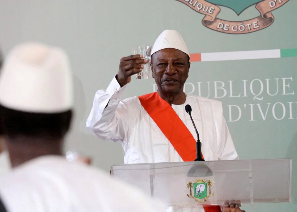 Then Guinea President Alpha Conde gives a speech at the Presidential Palace in Abidjan, Ivory Coast, April 26, 2019. File Photo / Reuters
