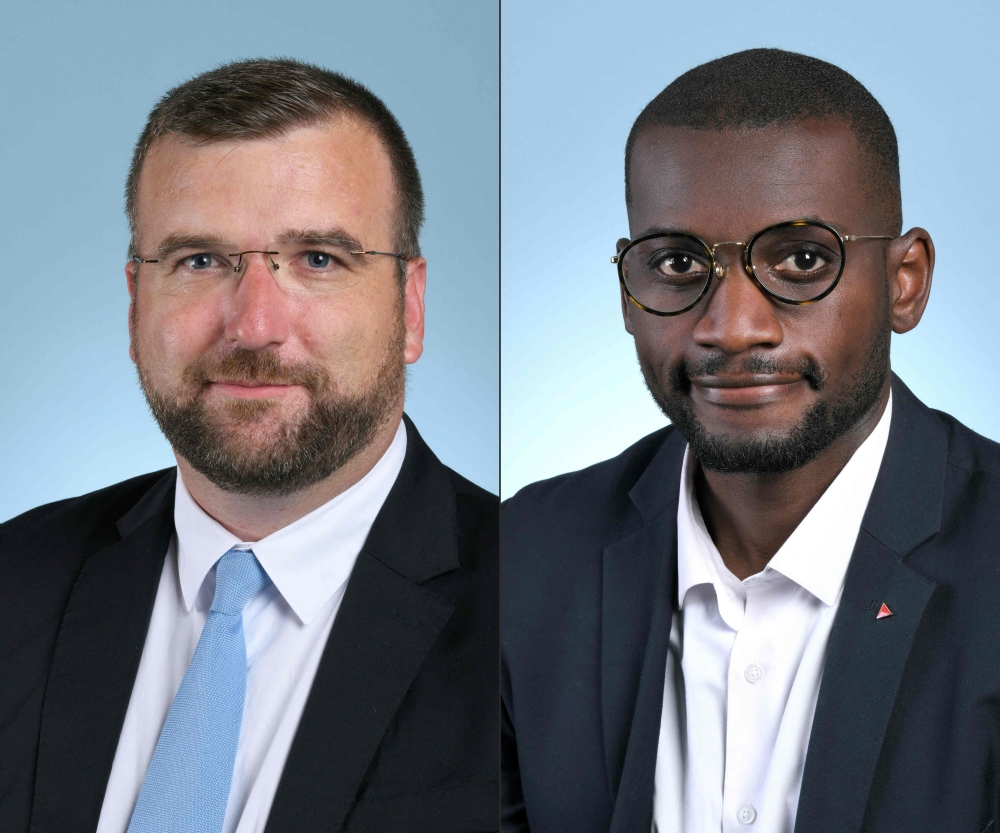 This combination of pictures created on November 3, 2022 shows portraits of MP Gregoire de Fournas and MP Carlos Martens Bilongo. (ASSEMBLEE NATIONALE / AFP) 