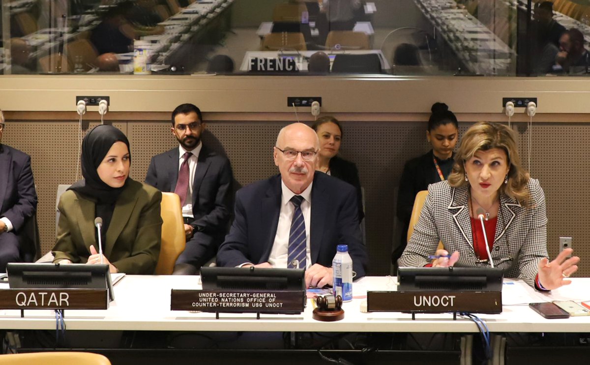 Permanent Representative of Qatar to the United Nations H E Sheikha Alya Ahmed bin Saif Al Thani (left) and Under-Secretary-General of the United Nations Counter-Terrorism Office Vladimir Voronkov (centre) with others during the session.