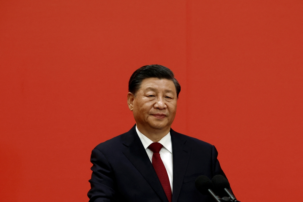 Chinese President Xi Jinping speaks as the new Politburo Standing Committee members meet the media following the 20th National Congress of the Communist Party of China, at the Great Hall of the People in Beijing, China, on October 23, 2022. File Photo / Reuters
