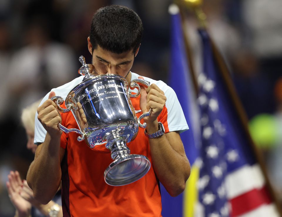 Spain's Carlos Alcaraz celebrates with the trophy after winning the US Open at Flushing Meadows, New York, on September 11, 2022.  File Photo / Reuters







