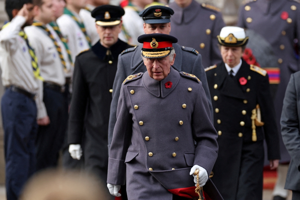 Britain's Prince Edward, Earl of Wessex, Britain's King Charles III, Britain's Prince William, Prince of Wales and Britain's Princess Anne, Princess Royal attend the Remembrance Sunday ceremony at the Cenotaph on Whitehall in central London, Britain, November 13, 2022. (Isabel Infantes/Pool via Reuters)