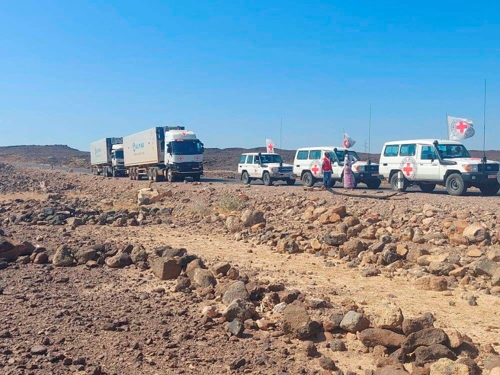A convoy of trucks from the International Committee of the Red Cross (ICRC) deliver lifesaving medical supplies are seen on the road to Mekelle, in Tigray region, Ethiopia November 15, 2022. International Committee of the Red Cross/Handout via REUTERS 