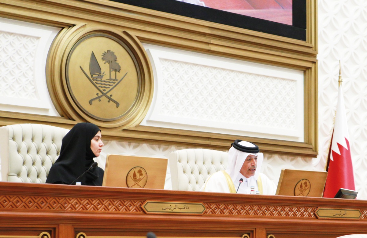 Speaker H E Hassan bin Abdullah Al Ghanim and Deputy Speaker H E Dr. Hamda bint Hassan Al Sulaiti at the Shura Council’s weekly session yesterday.