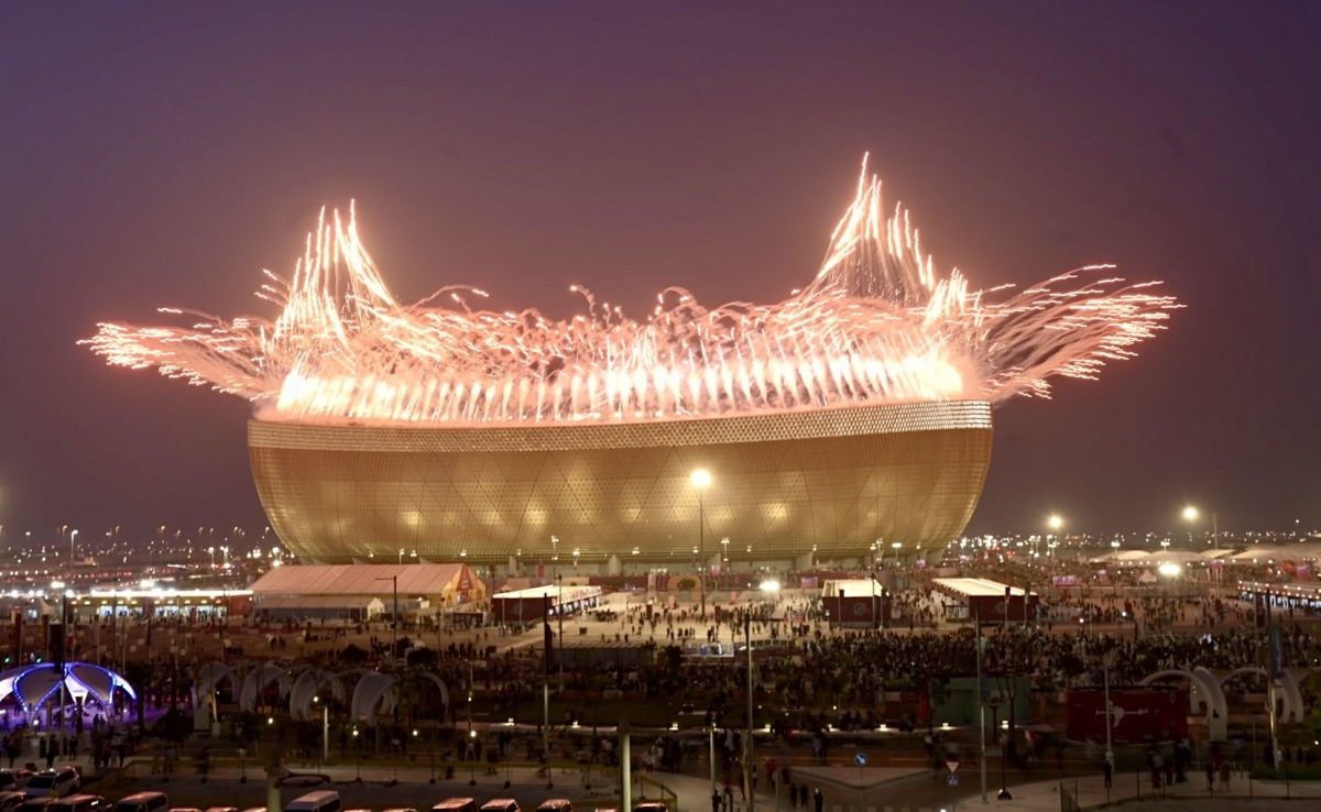 General view of a pyrotechnic display at the Lusail  stadium after the FIFA World Cup Qatar 2022 Final match