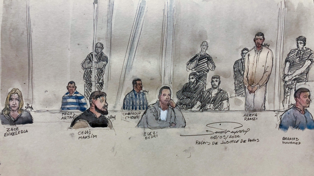 This file court-sketch made on September 5, 2022 shows defendants (from left to right) Enkeledja Zace, Artan Henaj, Maksim Celaj, Chokri Chafroud, Endri Elezi, Ramzi Arefa and Mohamed Ghraieb as they attend the opening day of the trial of suspects over the 2016 Nice truck attack which killed 86 people and injured over 400, in the courthouse in Paris. (Photo by Benoit PEYRUCQ / AFP)
 