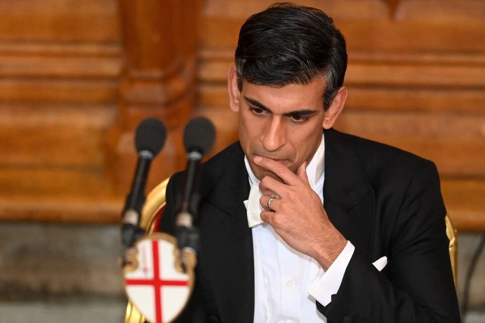 British Prime Minister Rishi Sunak looks on during the annual Lord Mayor's Banquet at Guildhall, in London, Britain, on November 28, 2022.  File Photo / Reuters