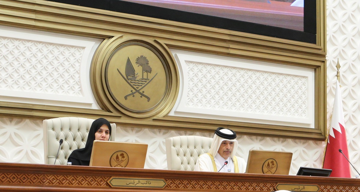 The Shura Council Speaker H E Hassan bin Abdullah Al Ghanim (right) chairing its regular weekly session held yesterday. Deputy Speaker H E Dr. Hamda bint Hassan Al Sulaiti is also seen.