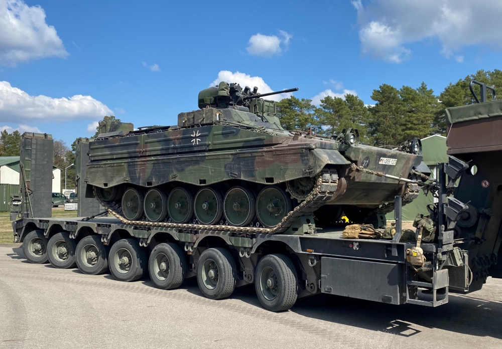A Marder armoured infantry fighting vehicle of the German army Bundeswehr is pictured at Rukla military base, Lithuania, April 22, 2022. (REUTERS/Alexander Ratz)