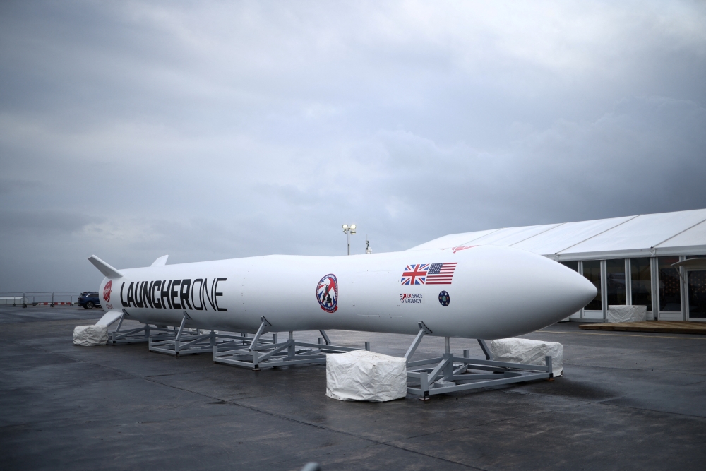 A replica model of Virgin Orbit's LauncherOne rocket sits in a media area ahead of UK's First launch at Newquay Airport in Newquay, Britain, January 8, 2023. (REUTERS/Henry Nicholls)