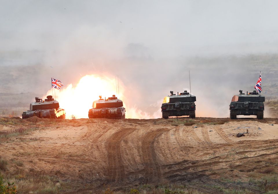 British Army Challenger 2 tank fires during NATO enhanced Forward Presence battle group Iron Spear 2019 exercise in Adazi, Latvia, on October 11, 2019. File Photo / Reuters
