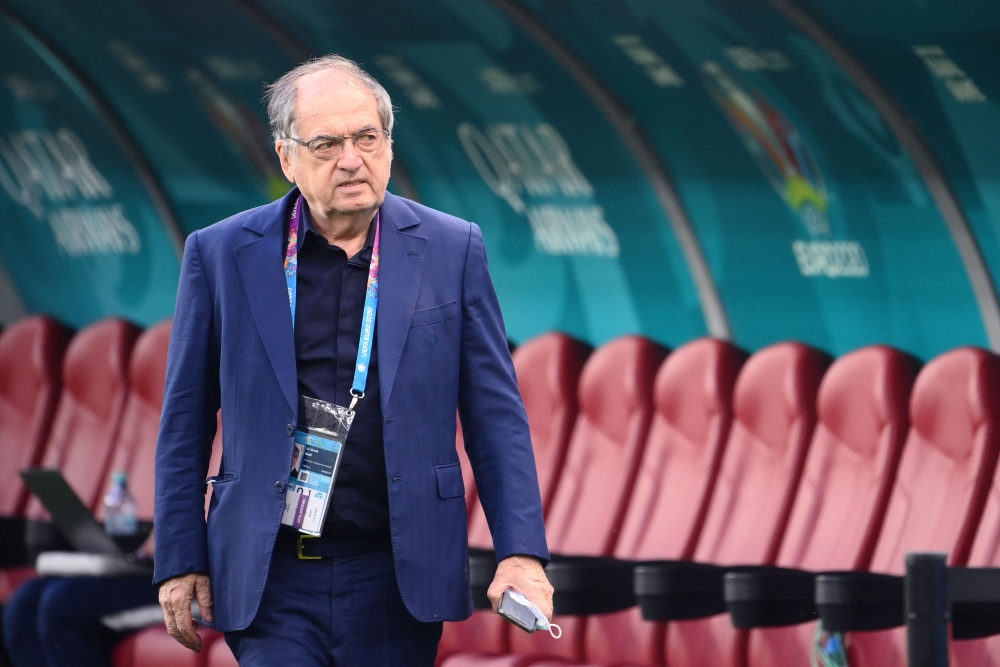 In this file photo taken on June 28, 2021 French Football Federation (FFF) President Noel Le Graet walks along the pitch prior to the UEFA EURO 2020 round of 16 football match between France and Switzerland at the National Arena in Bucharest. (Photo by FRANCK FIFE / AFP)