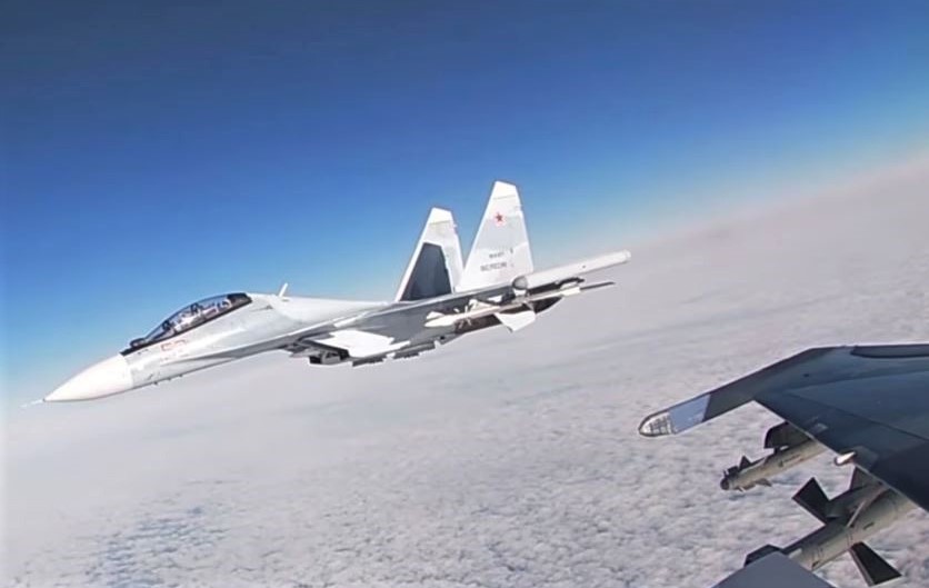 A Russian Su-30SM jet fighter flies during joint military exercises with Belarusian Air Forces in Belarusian air space, in this still image taken from a handout video released February 14, 2022. (Reuters file photo)