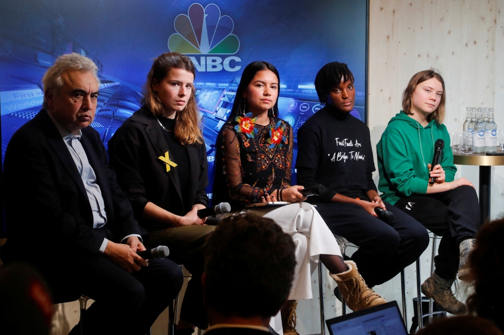 Youth climate activists Greta Thunberg, Vanessa Nakate, Helena Gualinga and Luisa Neubauer take part in a discussion on 