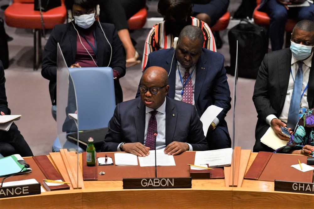 In this file photo taken on May 19, 2022 Michael Moussa Adamo, Minister of Foreign Affairs of Gabon, attends a UN Security Council ministerial debate over international peace and security, conflict and food security at UN headquarters. (Photo by Andrea Renault / AFP)