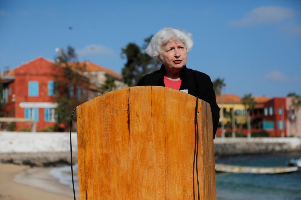 US Treasury Secretary Janet Yellen gives a speech after she visited the House of Slaves (Maison des Esclaves) at Goree Island off the coast of Dakar, Senegal on January 21, 2023. REUTERS/Ngouda Dione