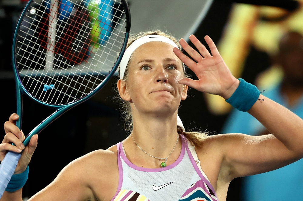 Belarus' Victoria Azarenka celebrates victory against Jessica Pegula of the US during their women's singles quarter-final match on day nine of the Australian Open tennis tournament in Melbourne on January 24, 2023. (Photo by DAVID GRAY / AFP)