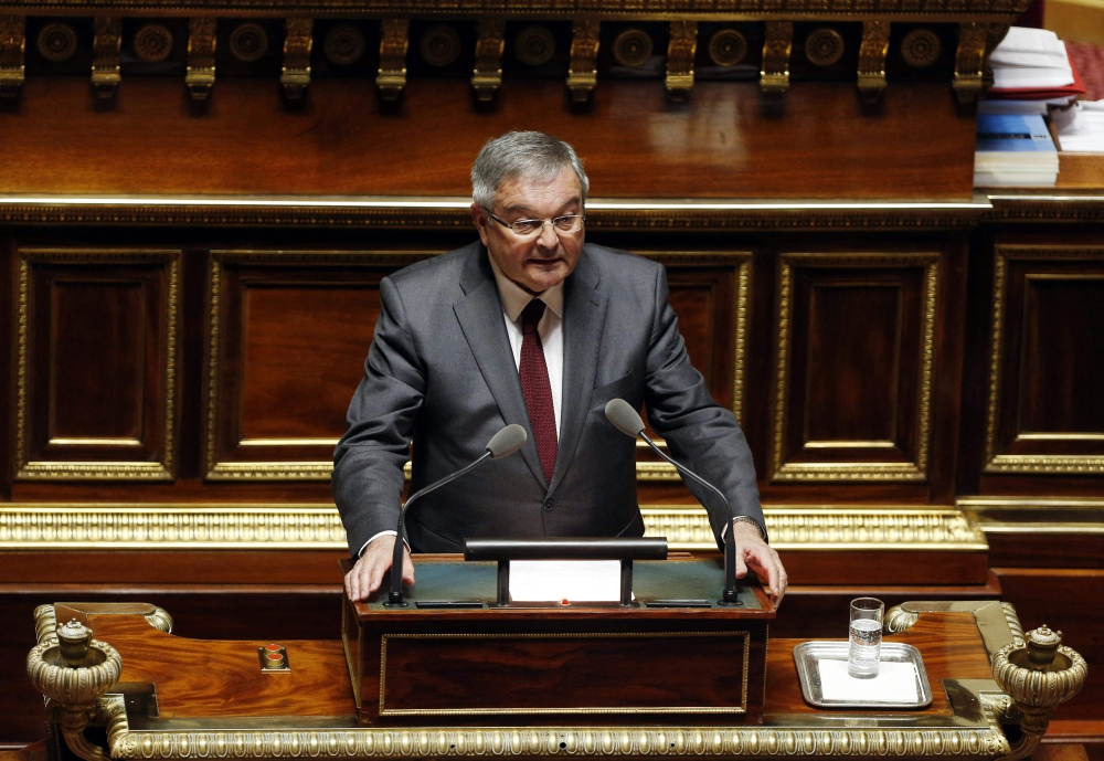 In this file photo taken on March 16, 2016 French senator Michel Mercier delivers a speech during the vote of an amendment enshrining the current state of emergency in the constitution, and depriving people convicted of terror-related offences of French nationality, at the Senate in Paris. (Photo by FRANCOIS GUILLOT / AFP)