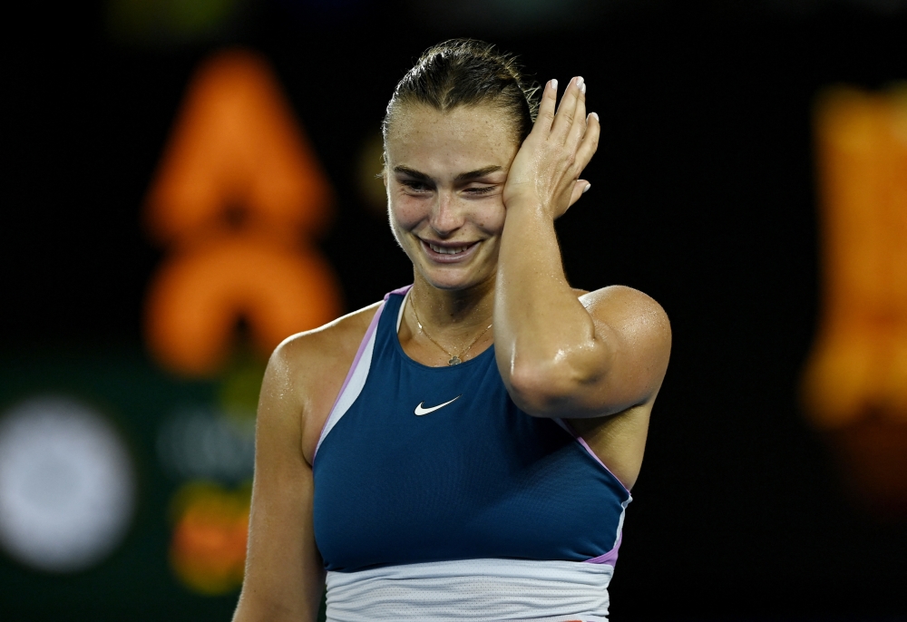 Belarus’ Aryna Sabalenka reacts after winning her final match against Kazakhstan’s Elena Rybakina Reuters/Jaimi Joy