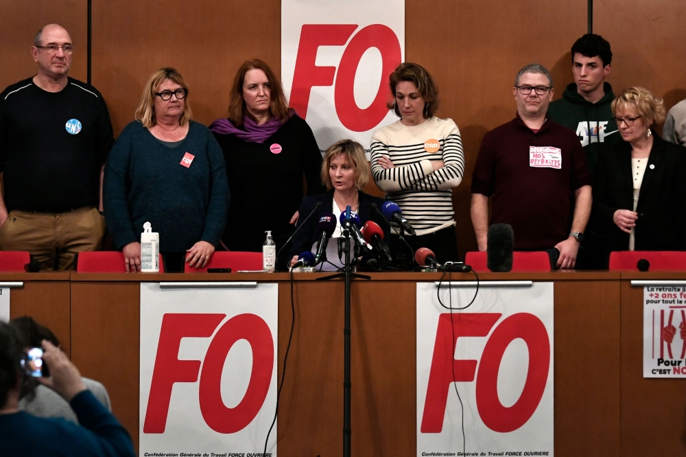 French union Union syndicale Solidaires (SUD) co-general delegate Murielle Guilbert (C-L), French Democratic Confederation of Labour (CFDT) national secretary Marylise Leon (C-R) French Force Ouvriere 