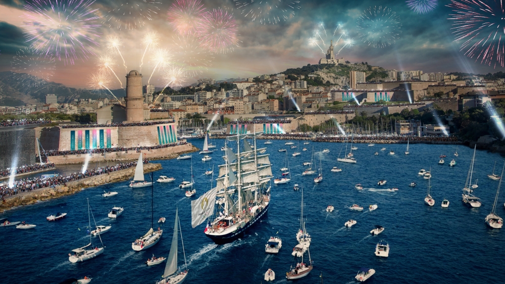A visual creation released by the Paris 2024 Olympic committee shows the Belem, a historic three-mast ship, entering the Old Port of Marseille with the Olympic flame, while taking part in the Torch Relay for Paris 2024 Olympics, France, February 3, 2023. Paris 2024/Handout via REUTERS