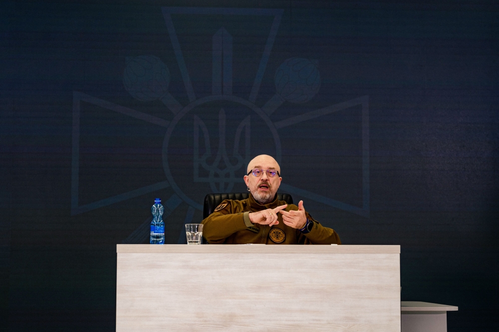 Ukrainian Defence Minister Oleksii Reznikov gestures as he speaks during a press conference in Kyiv on February 5, 2023, amid the Russian invasion of Ukraine. (Photo by Dimitar DILKOFF / AFP)