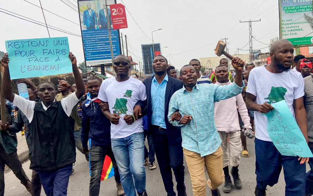 Congolese demonstrators attend a protest against the East African Community (EAC), which set up a regional military force last year to end rebel-driven unrest, in Goma, North Kivu province, Democratic Republic of Congo on February 6, 2023. REUTERS/Djaffar Sabiti