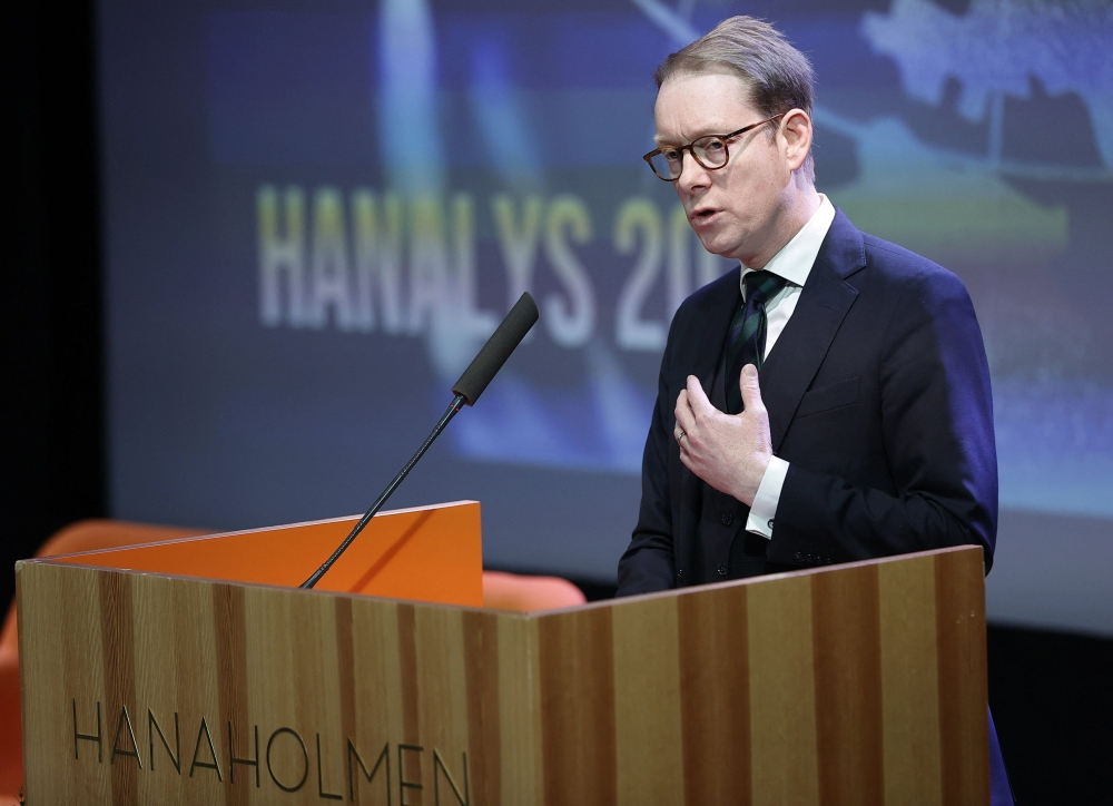 Sweden's Minister of Foreign Affairs Tobias Billstrom speaks during the Hanalys foreign policy forum in Espoo, Finland, on February 7, 2023. (Lehtikuva / AFP) / 