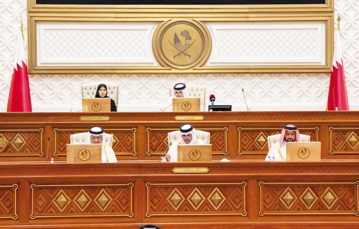 Speaker of the Shura Council H E Hassan bin Abdullah Al Ghanim chairing a session of the Council yesterday. 
