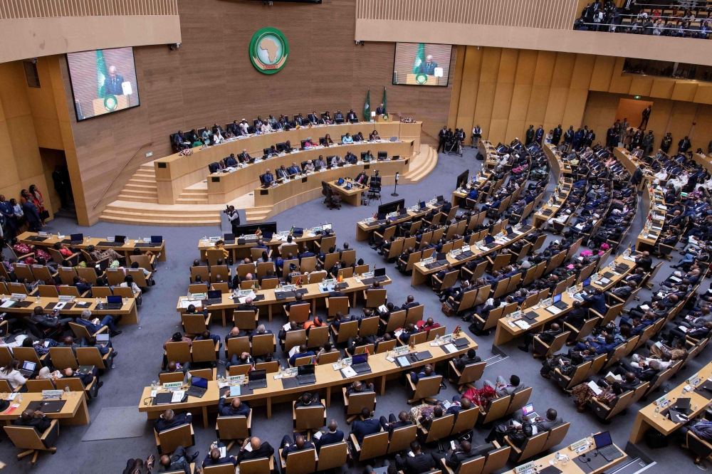A general view of the opening session of the 36th Ordinary Session of the Assembly of the African Union (AU) at the African Union Headquarters in Addis Ababa on February 18, 2023. (Photo by Tony KARUMBA / AFP)