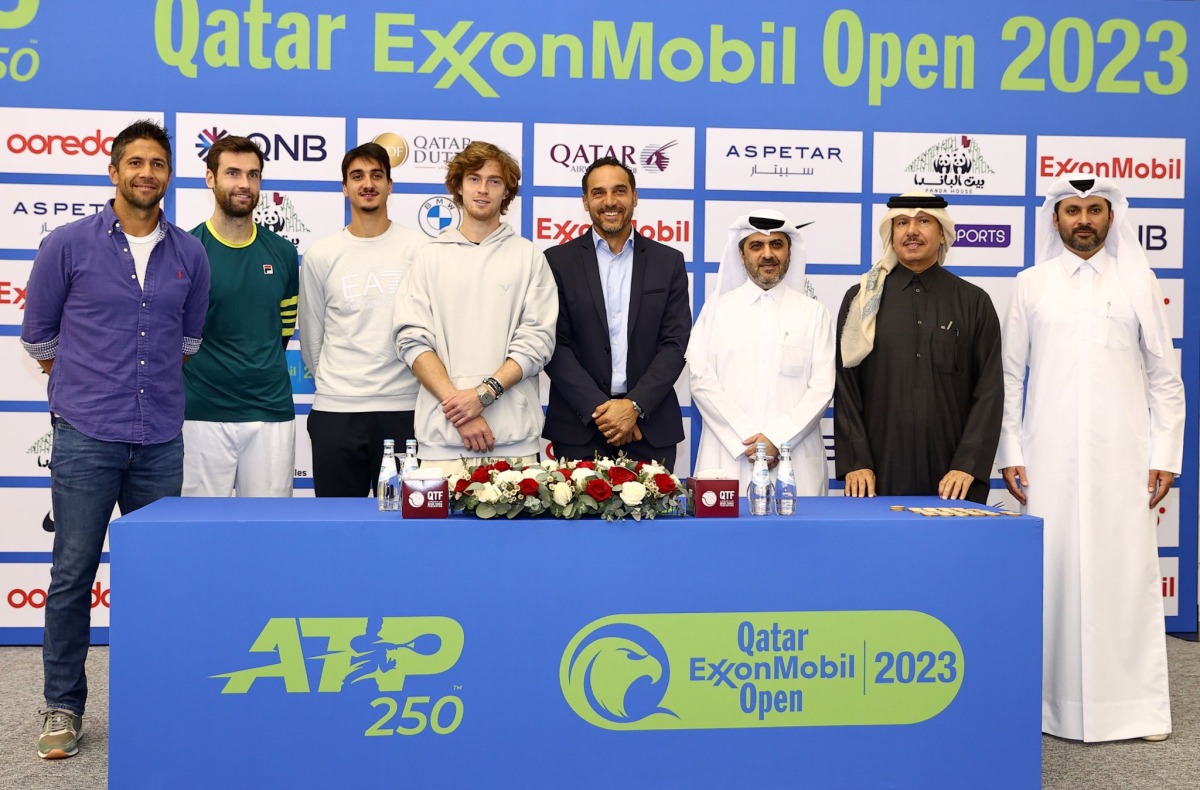 FROM LEFT: Spain's Fernando Verdasco, France's Quentin Halys, Italy's Lorenzo Sonego, Russia's Andrei Rublev, Qatar ExxonMobil Open 2023 Tournament Director Karim Alami, Qatar Tennis, Badminton and Squash Federation Secretary General Tariq Zainal, Vice-President of Governmental and Public Affairs at ExxonMobil Saleh Al Mana, and Qatar TotalEnergies Open 2023 Tournament Director Saad Al Mohannadi following the draw ceremony, yesterday.