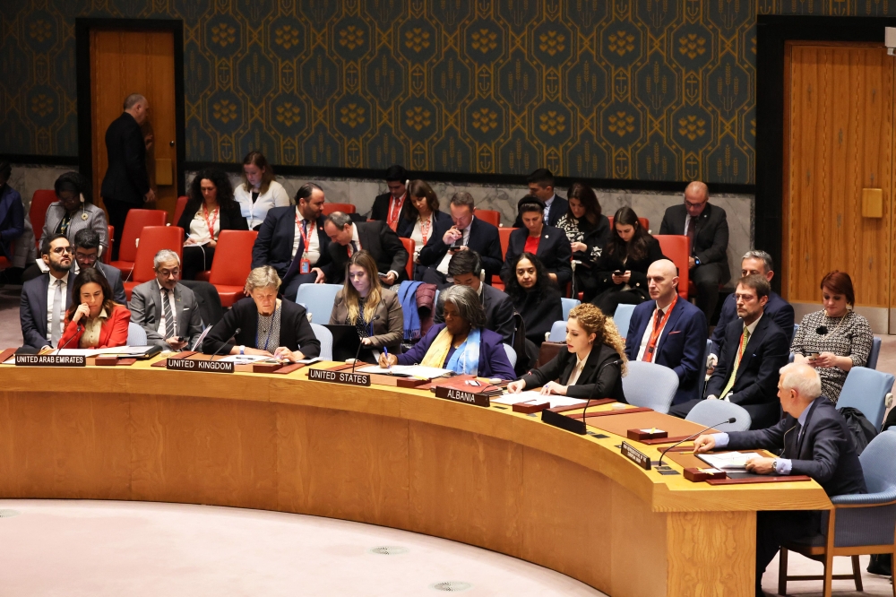 Members of the United Nations Security Council listen as Minister of Foreign Affairs in Albania Olta Xhaçka speaks during a meeting on February 23, 2023 at UN Headquarters in New York City. Michael M. Santiago/Getty Images/AFP 