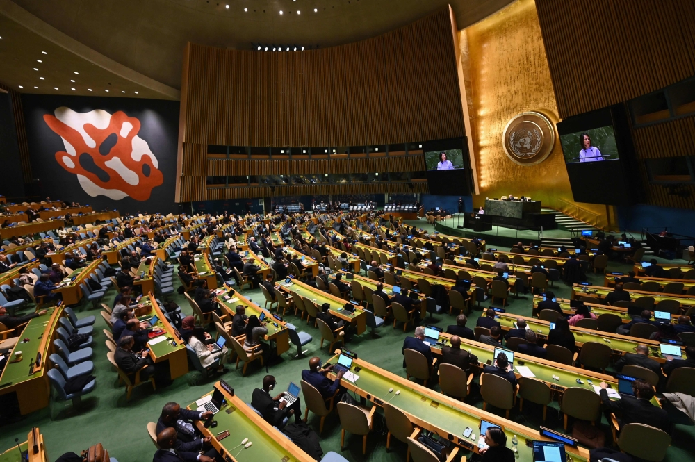 German Foreign Minister Annalena Baerbock speaks during the 11th Emergency Special Session of the General Assembly on Ukraine, at UN headquarters in New York City on February 23, 2023. (Photo by ANGELA WEISS / AFP)