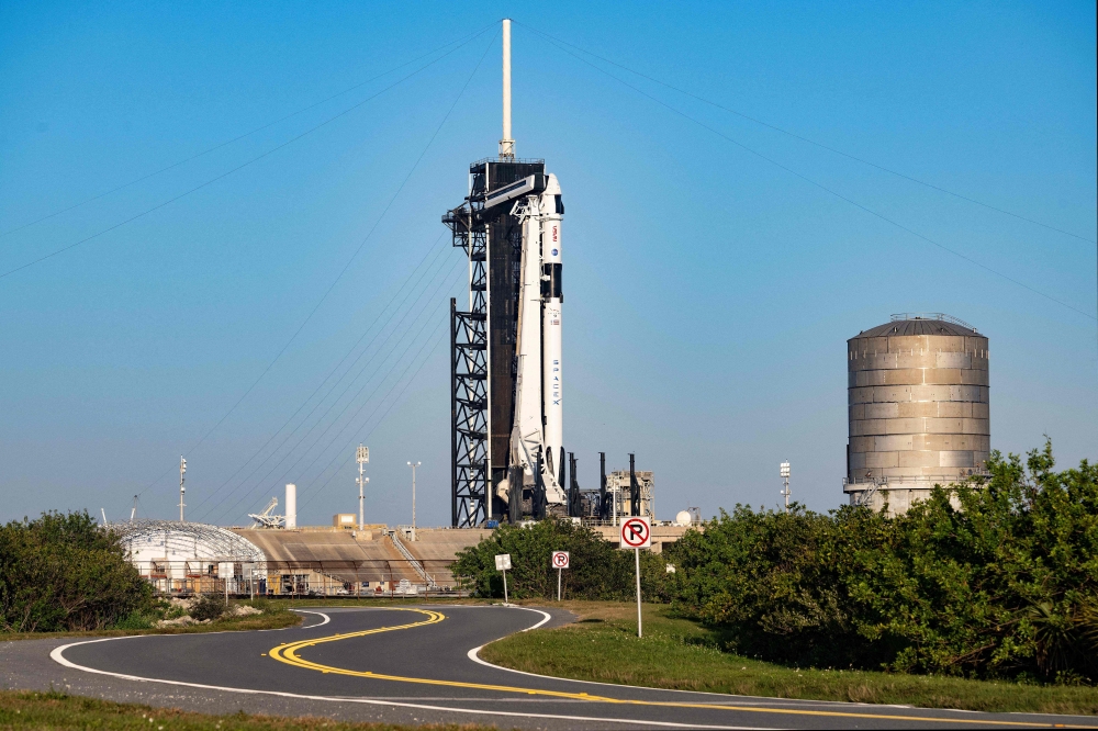 The SpaceX Falcon 9 rocket with the company's Crew Dragon spacecraft rests at launch pad 39A as preparations continue for the Crew-6 mission at NASA's Kennedy Space Center in Cape Canaveral, Florida, on February 26, 2023. (Photo by Jim Watson / AFP)