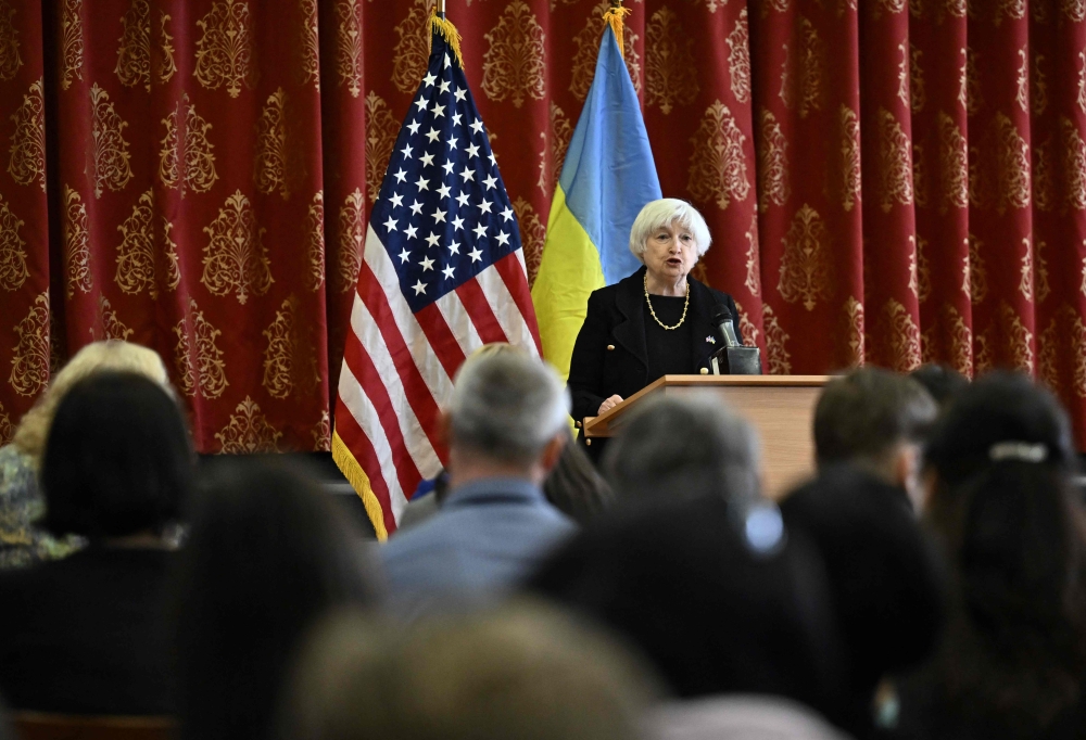 US Secretary of the Treasury Janet yellen adresses school students during her visit to Kyiv on February 27, 2013, amid the Russian invasion of Ukraine. (Photo by Genya Savilov / AFP)