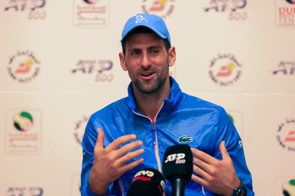 Novak Djokovic of Serbia holds a press conference during the ATP Dubai Duty Free Tennis Championships in Dubai, on February 26, 2023. (Photo by Karim SAHIB / AFP) 