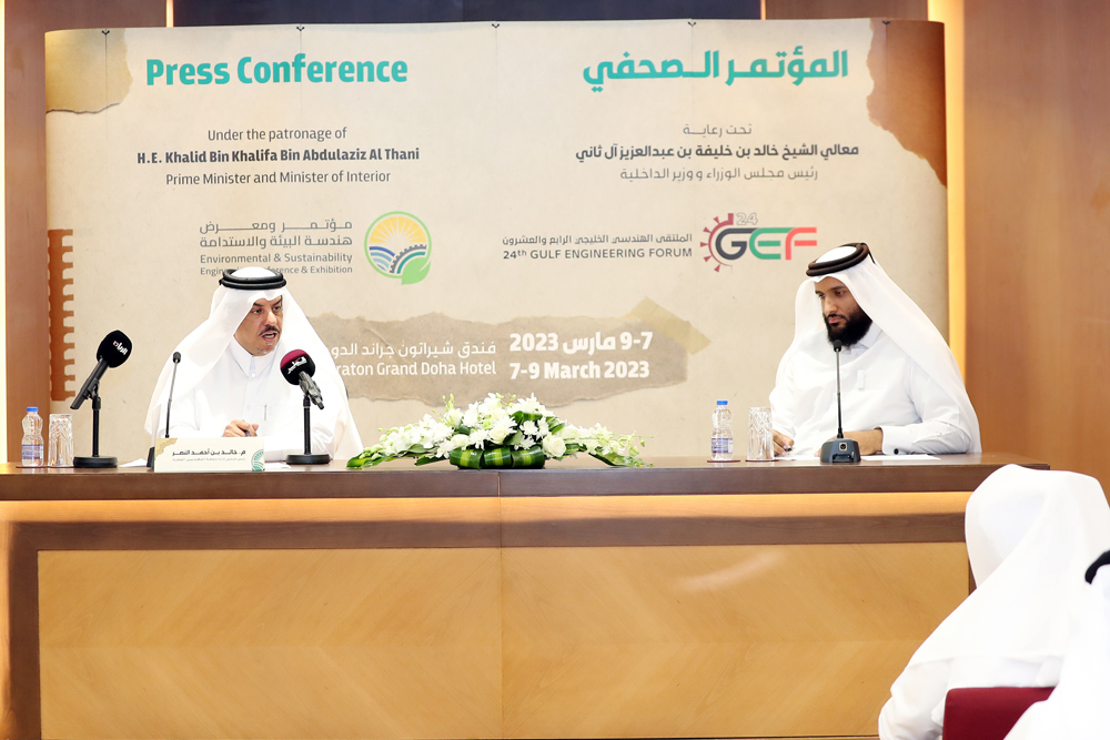 Eng. Khalid bin Ahmed Al Nasr, Chairman of the Board of Directors of the Qatar Society of Engineers and Vice-Chairman of the Supreme Organizing Committee of the Forum during the press conference.