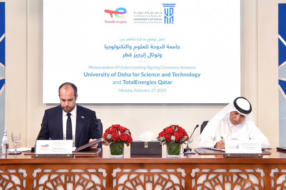 Dr. Salem Al Naemi, (right) President of UDST, and Matthieu Bouyer, Country Chair, TotalEnergies Qatar and Managing Director, TotalEnergies EP Qatar, signing the agreement.